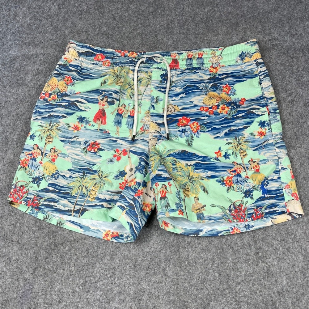 Polo Ralph Lauren Hawaiian Hula Scenic Print Swim Trunks Green Mens Small 6"